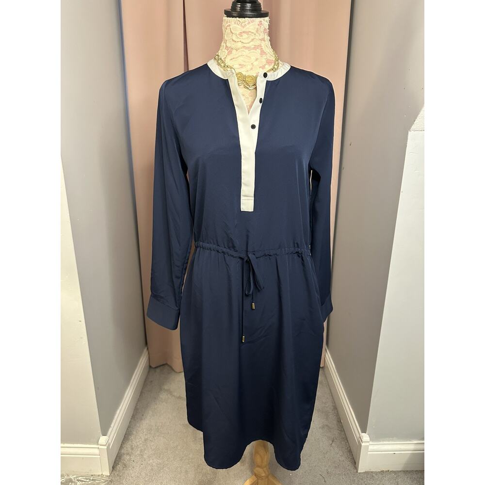 EUC Ralph Lauren Navy White Trim Knee Length Drawstring Waist Dress Sz 6